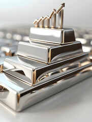 3D flat icon of platinum bars and sideways chart on dreamy background symbolizing steady commodity value. Isolated on white.