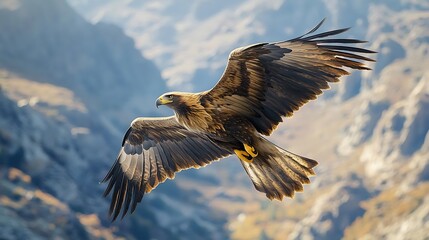 Fototapeta premium Golden Eagle in Flight Over Mountains - Realistic Photo