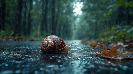 Close-up of a snail crawling on a wet pavement during rain