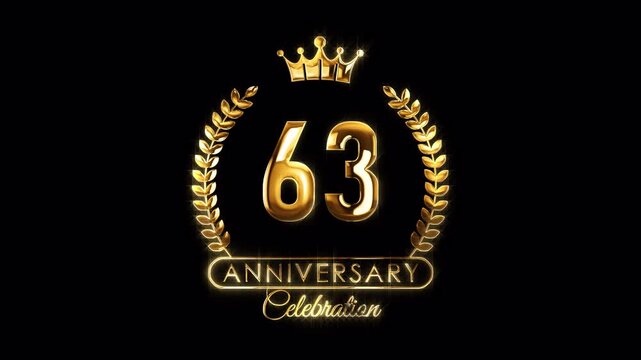 63rd Anniversary Celebration. Happy 63 Years Anniversary Animation in Gold Color on the Transparent Background, Alpha Channel. Great for greetings, celebrations, events, and gifts.