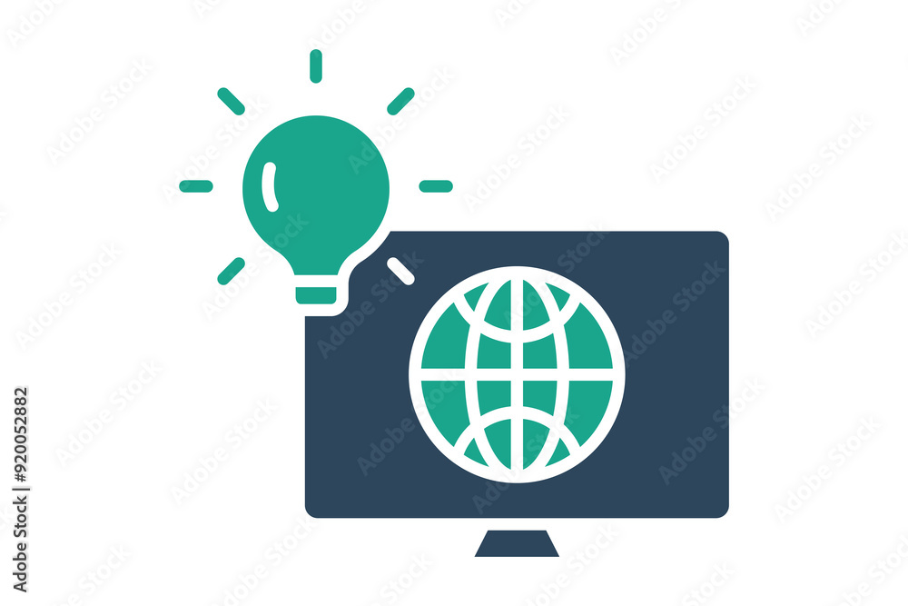 Poster information technology icon. monitor with earth and lightbulb. icon related to innovation. solid ico