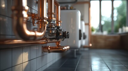 Close-up of copper pipes and plumbing system in a kitchen