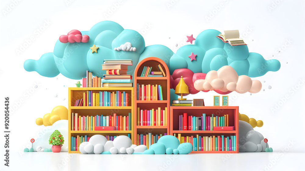 Poster 3d flat icon depicting school library and bookshelf concept, symbolizing importance of reading and l