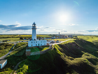 Flamborough Lighthouse and Cliffs from a drone, Flamborough, Yorkshire, England