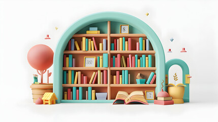 3D flat school library and bookshelf concept on isolated white background, perfect for educational design projects.