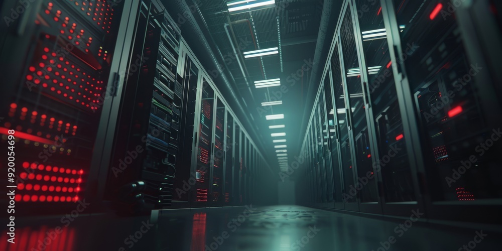 Poster a cuttingedge, hightech data center features impressive rows of servers, illuminated by dramatic lig