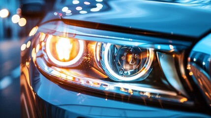 A closeup of a cars dual headlights featuring both low and high beam options for different driving conditions.