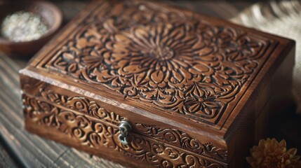 A wooden jewelry box with intricate designs and patterns etched across its surface the natural variances in the wood giving each one a unique character.