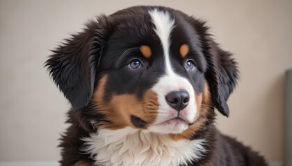 Close-up portrait of a Bernese Mountain Dog Puppy looking at the camera. White background.