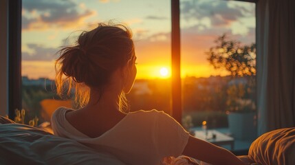 Fototapeta premium Woman watching a beautiful sunset through the window from her cozy room