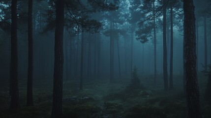 Fototapeta premium Foggy night pine forest, AI generated Image