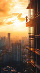 Construction worker taking a break on a highrise building with city skyline at sunset