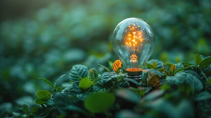 Naklejka premium Lightbulb glowing among lush green leaves, symbolizing innovation, energy, and sustainable solutions in nature's embrace.