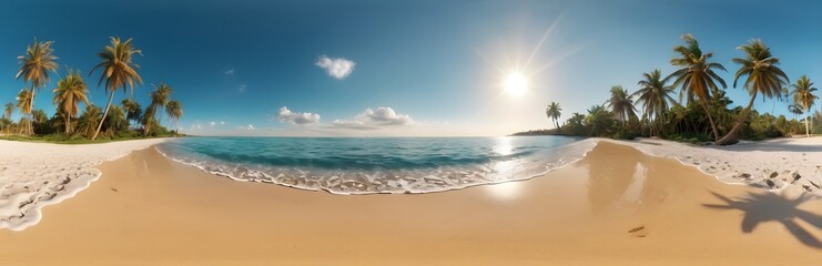 360 degree summer beach with palm trees. HDRI spherical panorama.