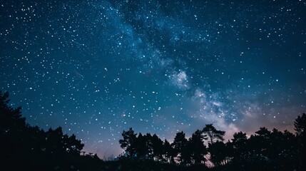Obraz premium A mesmerizing night sky filled with twinkling stars and the milky way, silhouetted by trees.
