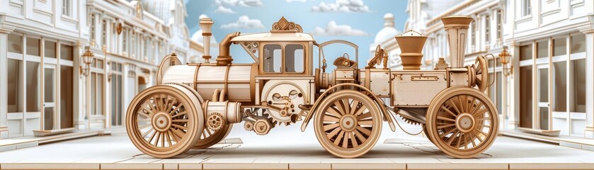 Fototapeta premium A steam-powered robot on a Victorian street, Steampunk, Sepia, Illustration, Historical and imaginative