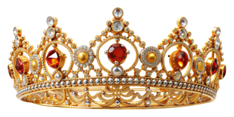 Royal crown with red gems and detailed gold craftsmanship isolated on transparent background