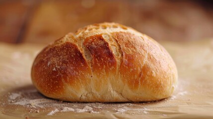 Fototapeta premium A side profile of a bread roll shows off its perfect round shape with gently fluted edges created by hand. The crust has a rustic uneven appearance adding to the homemade aesthetic.