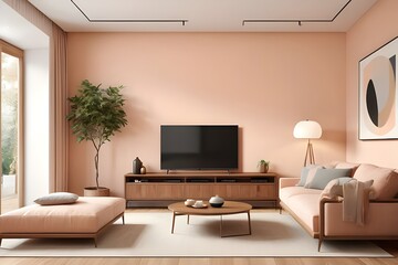 Living room interior with tv display on wooden cabinet with sofa. Generative AI