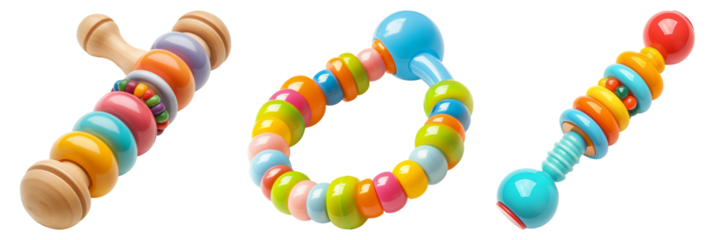 Colorful Wooden Baby Rattles on Transparent Background