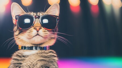 Naklejka premium A stylish cat wearing sunglasses poses confidently under colorful stage lights, showcasing its unique personality and flair.