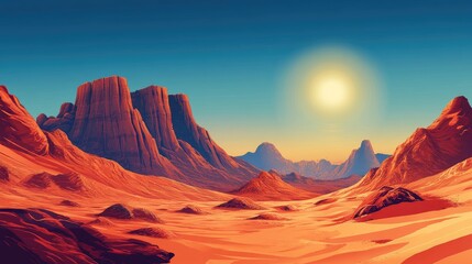 Naklejka premium Dramatic desert landscape with red rock formations, sand dunes, and a blazing sun, suitable for adventure themes