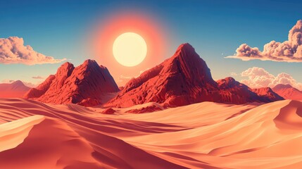 Naklejka premium Dramatic desert landscape with red rock formations, sand dunes, and a blazing sun, suitable for adventure themes