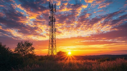 Fototapeta premium Telecommunication tower at sunset with vibrant sky and clouds