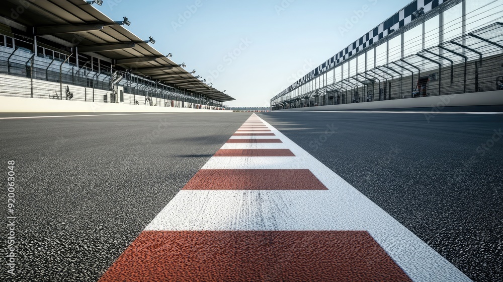 Poster finish line on an empty racetrack, with checkered markings and wide lanes. the race is about to begi
