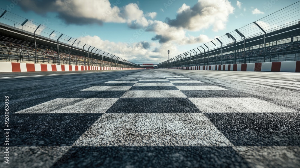 Poster finish line on an empty racetrack, with checkered markings and wide lanes. the race is about to begi