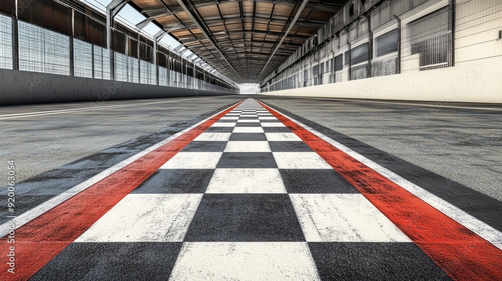 Poster finish line on an empty racetrack, with checkered markings and wide lanes. the race is about to begi