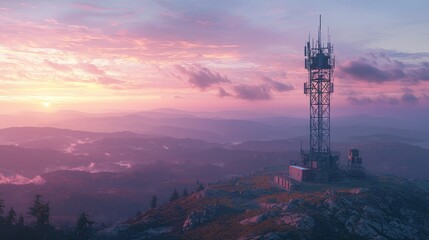 Communication tower on mountain peak during sunrise