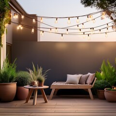terrace with string lights and plants