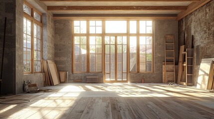 Fototapeta premium Sunlit unfinished room with large windows and wooden flooring