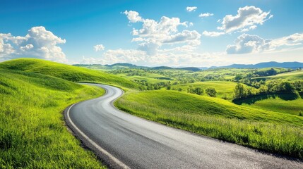 Idyllic countryside landscape with rolling green hills, a winding road, and a bright blue sky, suitable for rural life themes