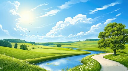 Idyllic rural landscape with a winding river, green fields, and a bright blue sky, suitable for agricultural themes
