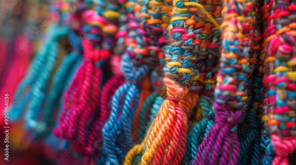 Poster a closer look at the fringe of a handwoven scarf reveals colorful threads threaded and knotted in an