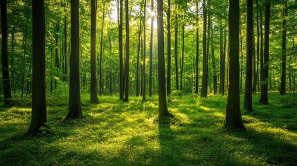 Fototapeta premium Lush green forest landscape with tall trees and sunlight filtering through the leaves, suitable for nature themes