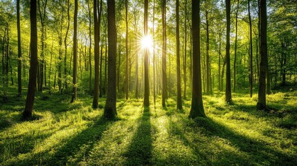 Fototapeta premium Lush green forest landscape with tall trees and sunlight filtering through the leaves, suitable for nature themes