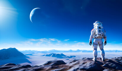 An Astronaut Observing the Horizon of an Alien Planet, Contemplating the Future of Human Civilization, Space Exploration, and Interstellar Travel Beyond Our Solar System