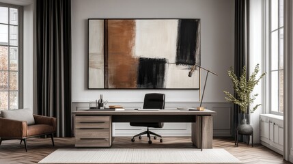 Modern minimalist office space with a clean desk and large abstract art