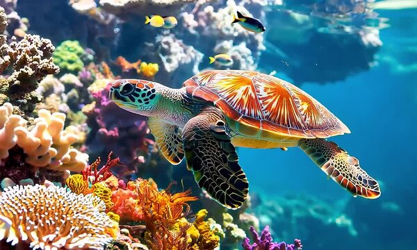 Colorful sea turtle swimming near coral reef with ai generated.
