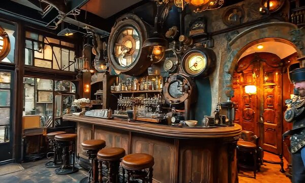 Vintage steampunk-themed bar with eclectic decor with ai generated.
