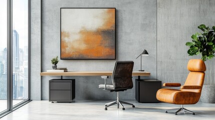 Modern minimalist office space with a clean desk and large abstract art