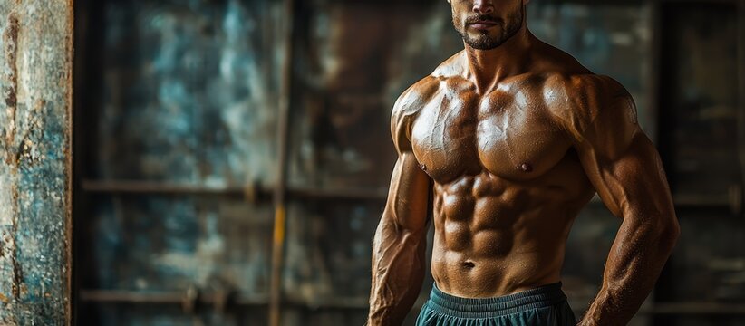 Muscular bodybuilder posing with chiseled abs in dim lighting