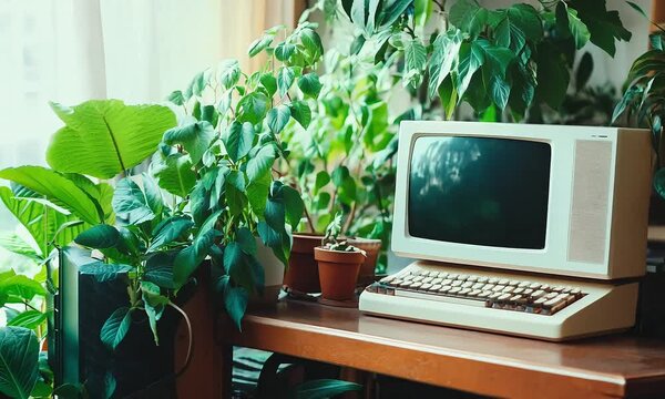 Vintage computer surrounded by indoor plants with ai generated.
