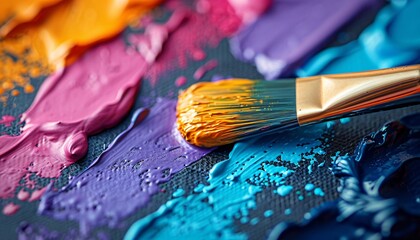 Fototapeta premium Close-up of a paintbrush on a palette with colorful acrylic paint.