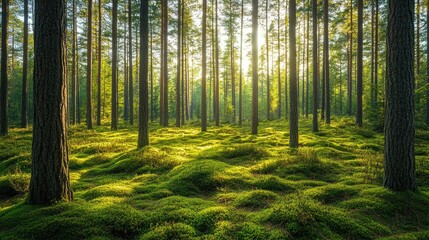 Obraz premium Peaceful forest landscape with tall pine trees, a carpet of moss, and dappled sunlight, ideal for nature walk themes 7d