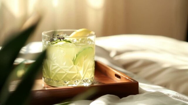 A cocktail of lavender elixir and lemon juice elegantly presented in a glass. Lavender-infused cocktail on a wooden tray in soft, natural light.