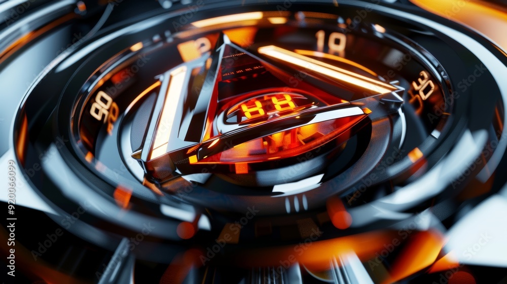 Poster a tachometer with a unique triangular shape and a digital display in the center surrounded by a chro